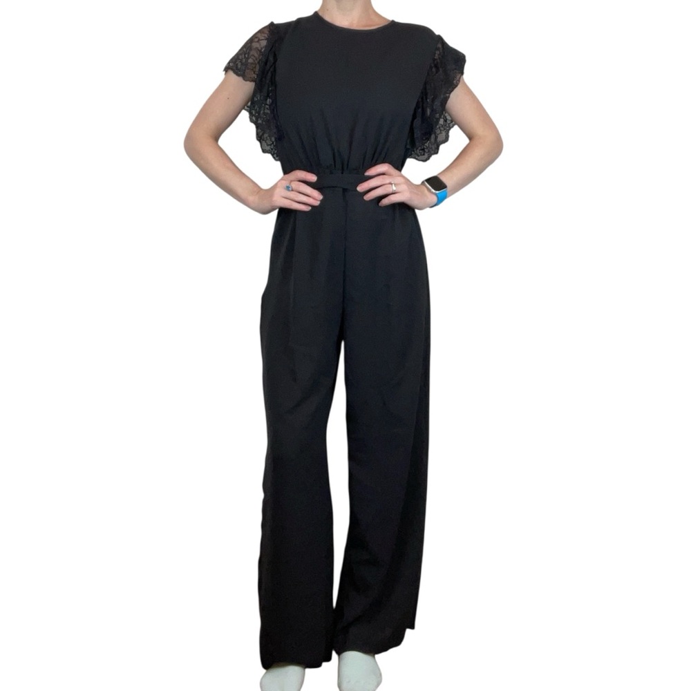 SHEIN Lace Flutter Sleeve Belted Wide Leg Jumpsuit Black Size Small NWOT - Picture 2 of 6